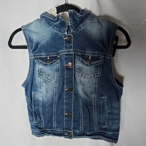 Y2K Denim Vest With‎ Lace Hood Womens Medium Blue Distressed Jean Jacket